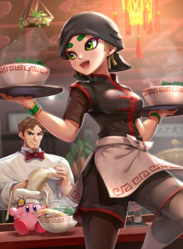 1boy 1girl 1other alternate_costume apron arms_(game) bandana bowl captain_falcon chef_hat chopsticks eating f-zero food gonzarez green_eyes hat highres kirby kirby_(series) min_min_(arms) nintendo no_mask noodles open_mouth ramen smile spoon super_smash_bros. tray wooden_spoon wristband