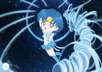Rule 34 | 1girl, arm up, bishoujo senshi sailor moon, bishoujo senshi sailor moon crystal, blue choker, blue eyes, blue hair, blue sailor collar, blue skirt, chibi, choker, earrings, elbow gloves, gloves, jewelry, mercury harp, mizuno ami, morimoon, sailor collar, sailor mercury, sailor senshi uniform, skirt, solo, super sailor mercury, v-shaped eyebrows, white gloves