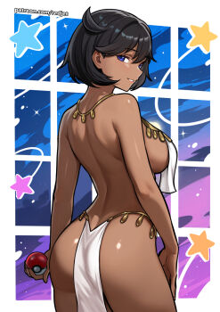 1girl ass back bare_back bare_shoulders black_hair blue_eyes breasts dark-skinned_female dark_skin emma_(pokemon) from_behind highres holding holding_poke_ball jewelry large_breasts looking_at_viewer looking_back nintendo patreon_username poke_ball pokemon pokemon_legends:_z-a redjet short_hair sideboob smile solo thighs