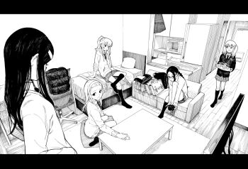 5girls :d arm_support bad_id bad_twitter_id bangs_pinned_back bed bed_sheet braid cardigan chair collared_shirt commentary_request copyright_request couch crossed_legs daftbonkers desk door flat_screen_tv foreshortening greyscale hairband highres holding indoors kotatsu letterboxed long_hair looking_at_viewer looking_back microwave monochrome multiple_girls necktie no_shoes office_chair open_mouth perspective pillow pleated_skirt ponytail refrigerator school_uniform shirt single_braid sink sitting skirt slice_of_life smile socks swivel_chair table television tray twintails undressing walking wariza wing_collar wooden_floor