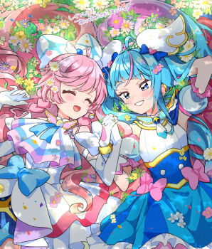 Rule 34 | 2girls, arm behind head, ascot, blue bow, blue cape, blue dress, blue eyes, blue hair, bow, braid, brooch, cape, center frills, closed eyes, cure prism, cure sky, cut bangs, dappled sunlight, detached sleeves, dress, dress bow, earclip, earrings, elbow gloves, facing another, field, fingerless gloves, flower, flower field, frilled dress, frills, from above, glove bow, gloves, grin, hair bow, hair ornament, happy, highres, hirogaru sky! precure, holding hands, interlocked fingers, izumi kirifu, jewelry, layered dress, long hair, looking at another, lying, magical girl, mismatched earrings, multicolored hair, multiple girls, nijigaoka mashiro, on back, on ground, open mouth, pink bow, pink hair, precure, puffy detached sleeves, puffy sleeves, red cape, short dress, side-by-side, side braids, single earring, single sidelock, sleeveless, sleeveless dress, smile, sora harewataru, streaked hair, sunlight, translated, twintails, two-sided cape, two-sided fabric, two-tone dress, two-tone hair, very long hair, white ascot, white bow, white dress, white gloves, wing brooch, wing hair ornament, yuri