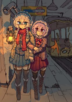 Rule 34 | 2girls, absurdres, alternate costume, arm hug, bat wings, blue skirt, boots, bow, bowtie, brown boots, brown jacket, brown thighhighs, brown vest, closed mouth, commentary request, frilled hairband, frills, fur-trimmed boots, fur-trimmed hood, fur trim, garter straps, green bow, green eyes, grey hair, hair between eyes, hairband, highres, holding, holding lantern, hood, izayoi sakuya, jacket, knee boots, korean commentary, lace-up boots, lantern, long hair, long sleeves, multiple girls, pleated skirt, purple hair, rampa93, red bow, red bowtie, red eyes, red scarf, red skirt, remilia scarlet, scarf, skirt, smile, thighhighs, torn clothes, torn skirt, torn thighhighs, touhou, vest, wings