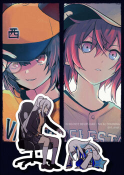 Rule 34 | 4girls, adjusting clothes, adjusting headwear, ange katrina, animal ears, arm up, armband, baseball cap, baseball jersey, baseball uniform, black border, black jacket, black shoes, blue armband, blue eyes, blue hair, blue thighhighs, border, brown hair, brown sweater, chair, clenched teeth, clothes writing, commentary request, crossed bangs, diamond-shaped pupils, diamond (shape), dogeza, drop shadow, ears through headwear, gaming chair, gradient eyes, grey hair, grey skirt, grin, hair between eyes, hair ornament, hand on own thigh, hat, heterochromia, higuchi kaede, higuchi kaede (1st costume), inui toko, jacket, jersey, lapels, lize helesta, lize helesta (1st costume), long bangs, long hair, long sleeves, looking at viewer, medium hair, miniskirt, monocle, multicolored eyes, multicolored hair, multiple girls, nijisanji, nijisanji koshien, no eyes, notched lapels, on chair, open clothes, open jacket, orange hat, orange shirt, outline, pleated skirt, ponytail, purple eyes, reaching, reaching towards another, red eyes, red hair, rita (56yellow), school uniform, shirt, shoes, sidelocks, sideways hat, sitting, skirt, smile, socks, sportswear, streaked hair, sweater, swivel chair, symbol-shaped pupils, teeth, thighhighs, twitter username, two-tone hair, very long hair, virtual youtuber, watermark, white hair, white hat, white jacket, white outline, white shirt, white socks, yellow eyes