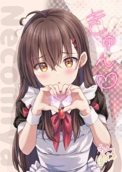 1girl :o ahoge apron black_dress blush bow brooch brown_eyes brown_hair collared_dress commentary_request dress frilled_apron frills hair_between_eyes hair_ornament hairclip hands_up highres jewelry long_hair looking_at_viewer maruma_(maruma_gic) nail_polish original parted_lips pink_nails puffy_short_sleeves puffy_sleeves red_bow short_sleeves signature solo translation_request very_long_hair white_apron zoom_layer