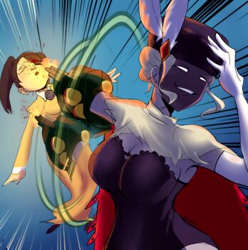 Rule 34 | 2girls, aged down, amputee, arm cannon, black dahlia, blood, blue background, brown hair, cape, closed eyes, cyborg, dress, elbow gloves, fur hat, gloves, grin, hat, mask, meme, motion lines, multiple girls, naoya hitting choso without looking (meme), s0ff1dzee, skullgirls, smile, speed lines, squigly (skullgirls), veil, weapon, white hair