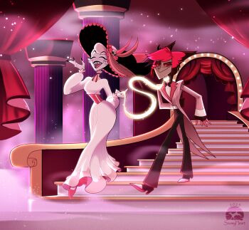 1boy 1girl alastor_(hazbin_hotel) black_pants collared_shirt commentary dress hazbin_hotel hellaverse highres long_dress pants pink_shirt red_hair rosie_(hazbin_hotel) shirt short_hair snowyhearty white_dress