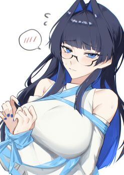 1girl absurdres blue_eyes blue_hair blue_nails blue_ribbon blush bound bound_wrists breasts commentary fang glasses highres hololive hololive_english hunk_404 large_breasts long_hair ouro_kronii ouro_kronii_(casual) ribbon shirt skin_fang spoken_blush symbol-only_commentary virtual_youtuber white_background white_shirt