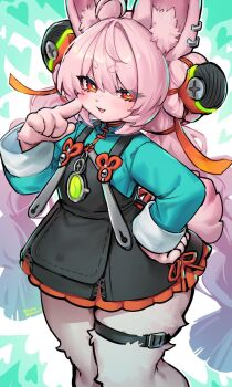 1girl ahoge animal_ear_fluff animal_ears braid bright_pupils ear_piercing furry furry_female highres long_hair long_sleeves looking_at_viewer open_mouth pear-shaped_figure piercing pink_fur pink_hair rabbit_ears rabbit_girl red_eyes shortstack smile suurin_(ksyaro) thick_eyebrows thick_thighs thighs twin_braids white_pupils wide_hips zenless_zone_zero zhao_(zenless_zone_zero)