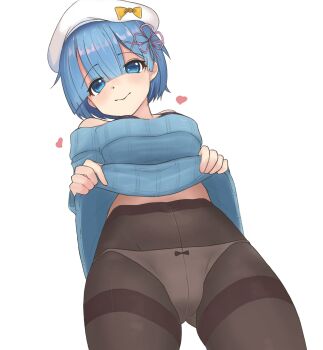 1girl andreypavlow black_pantyhose blue_eyes blue_hair blue_shirt blush breasts center_frills clothes_lift commentary commission frills from_below hat heart highres looking_at_viewer medium_breasts medium_hair panties panties_under_pantyhose pantyhose re:zero_kara_hajimeru_isekai_seikatsu rem_(re:zero) shirt shirt_lift simple_background smile solo underwear white_background white_hat white_panties