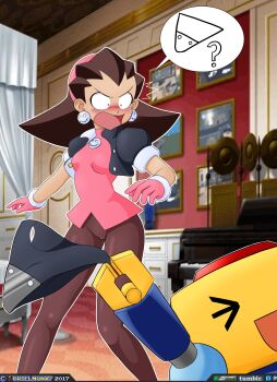 &gt;_&lt; 1girl ? absurdres artist_logo artist_name blurry blurry_background breasts brooch brown_hair brown_pantyhose cameltoe closed_eyes copyright_logo cropped_jacket crotch_plate dated deviantart_logo deviantart_username earrings embarrassed gloves green_eyes hair_ornament hair_pulled_back hair_slicked_back hairband highres holding holding_panties holding_underwear holding_unworn_clothes indoors instrument jacket jewelry logo long_hair medium_breasts mega_man_(series) mega_man_legends_(series) open_mouth panties pantyhose piano picarto_username pink_gloves pink_hairband pixelated_background pixiv_logo pixiv_username puffy_short_sleeves puffy_sleeves robot servbot_(mega_man) short_sleeves skull_brooch skull_earrings skull_hair_ornament smile speech_bubble tron_bonne_(mega_man) tumblr_logo tumblr_username underwear urielmanx7