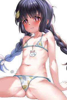 1girl ahoge arm_support bare_arms bare_shoulders bikini black_hair blue_archive blunt_bangs blush braid breasts bright_pupils cameltoe ceijin_(rizalagoenk) closed_mouth collarbone flat_chest hair_ribbon halo leaf leaf_on_head leaf_print leaning_back loli long_hair looking_at_viewer low_twin_braids low_twintails micro_bikini miyu_(blue_archive) navel official_alternate_costume print_bikini red_eyes ribbon side-tie_bikini_bottom simple_background sitting small_breasts solo spread_legs stomach swimsuit twin_braids twintails wavy_mouth white_background white_bikini white_pupils white_ribbon