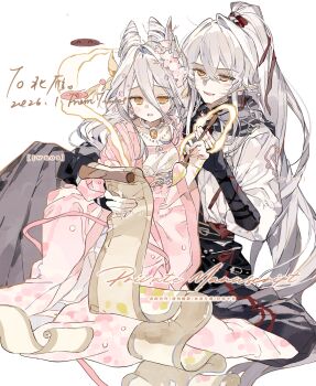 1boy 1girl blush brown_ribbon chinese_clothes commission couple crossed_bangs eyelashes floral_print flower hair_between_eyes hair_flower hair_intakes hair_ornament hanfu hetero high_ponytail highres jewelry long_hair long_hair_between_eyes long_sleeves mihuashi_commission necklace open_mouth original pink_flower pink_hanfu pointy_ears ponytail ribbon sidelocks simple_background sitting twuos watermark white_background white_hair wide_sleeves yellow_eyes