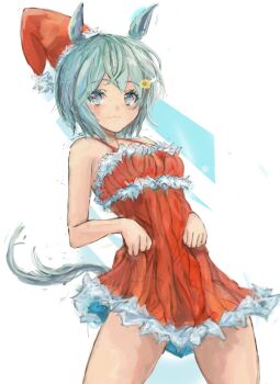 1girl animal_ears bare_shoulders blue_eyes blush breasts christmas closed_mouth dress flower fur-trimmed_dress fur-trimmed_headwear fur_trim grey_hair hair_between_eyes hair_flower hair_ornament hairclip hat horse_ears horse_girl horse_tail looking_at_viewer red_dress red_hat santa_costume santa_dress santa_hat seiun_sky_(umamusume) short_hair sleeveless sleeveless_dress small_breasts smile solo sunflower sunflower_hair_ornament tail umamusume yanagi_wakana