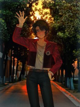 Rule 34 | 1boy, absurdres, animification, arm up, bandaid, bandaid on head, belt, black pants, brown belt, brown hair, chinese commentary, commentary request, cowboy shot, denim, earrings, full body, grin, hand on own hip, highres, jacket, jeans, jewelry, kai (ninjago), looking at viewer, male focus, ninjago, open clothes, open shirt, outdoors, pants, photo background, red eyes, red jacket, scar, scar across eye, scar on face, shirt, short hair, smile, solo, standing, the lego group, the ninjago movie, waving, white shirt, xinjinjumin8851640