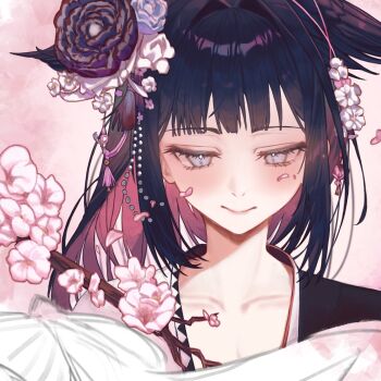 1girl arknights black_gloves black_hair black_kimono black_wings blunt_bangs collarbone dkyung004 feathered_wings flower gloves grey_eyes hair_flower hair_ornament head_wings highres japanese_clothes kimono long_hair long_sidelocks mio_(arknights) pink_flower portrait sad_smile sidelocks solo white_flower wings