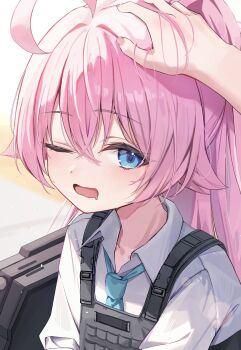 2girls ahoge asashin_(asn) ballistic_shield blue_archive blue_eyes blue_necktie bulletproof_vest commentary_request crossed_bangs double-parted_bangs dress_shirt drooling female_pov hair_between_eyes hair_flaps hair_intakes hand_on_another&#039;s_head headpat highres hoshino_(armed)_(blue_archive) hoshino_(blue_archive) light_blush long_hair looking_at_viewer looking_to_the_side mouth_drool multiple_girls necktie one_eye_closed open_mouth pink_hair pink_nails ponytail portrait pov pov_hands school_uniform shield shirt solo_focus tactical_school_uniform white_shirt wing_collar