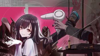 1girl arknights black_hair black_hairband blood brown_eyes clothes_writing disembodied_hand from_side hair_dryer hairband highres holding_another&#039;s_hair jewelry long_hair long_sleeves looking_at_viewer looking_to_the_side norstaruniverse originium_(arknights) own_hands_together parted_lips priestess_(arknights) ring smile solo upper_body zuutto_issho_(kitani_tatsuya)