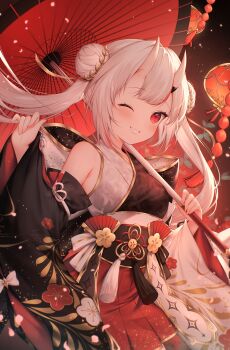 1girl ;d asymmetrical_sleeves black_kimono black_sleeves center-flap_bangs double_bun floral_print_sleeves furisode_sleeves gold_trim gradient_hair grey_hair grin hair_between_horns hair_bun hakama haruhitooo highres holding holding_umbrella hololive horns japanese_clothes kimono long_hair looking_at_viewer mismatched_sleeves multicolored_hair nakiri_ayame nakiri_ayame_(8th_costume) official_alternate_costume official_alternate_hairstyle oil-paper_umbrella one_eye_closed oni open_mouth red_eyes red_hair red_hakama red_umbrella skin-covered_horns smile solo streaked_hair twintails two-tone_kimono umbrella virtual_youtuber white_kimono white_sleeves wide_sleeves