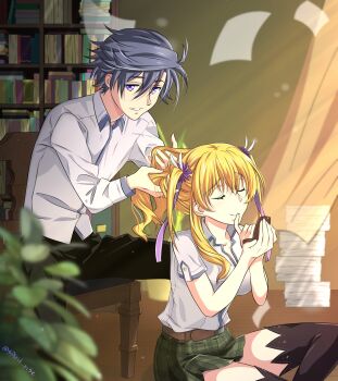 Rule 34 | 1boy, 1girl, alisa reinford, black hair, blonde hair, book, bookshelf, closed eyes, closed mouth, commentary, curtains, double-parted bangs, eiyuu densetsu, english commentary, falling paper, hair between eyes, highres, indoors, light rays, looking at viewer, one side up, over-kneehighs, paper, plaid clothes, plaid skirt, purple eyes, rean schwarzer, sen no kiseki (series), sen no kiseki i, short sleeves, skirt, smile, spirit rise, sunbeam, sunlight, thighhighs, twintails, twitter username