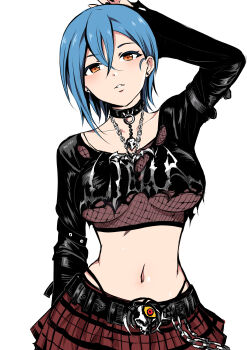 1girl absurdres arm_up blue_hair box_wonderland breasts chain collar collarbone highres long_sleeves looking_at_viewer loose_clothes loose_shirt love_live! love_live!_superstar!! mesh navel shirt simple_background skirt skull_ornament solo underboob wakana_shiki white_background yellow_eyes