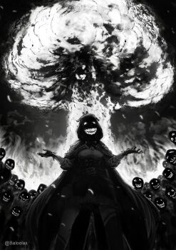 1girl asymmetrical_legwear baloolax belt crowd explosion fire gloves greyscale grin highres hololive hololive_english hood long_hair monochrome nanashi_mumei nanashi_mumei_(1st_costume) nuclear_explosion smile teeth twitter_username virtual_youtuber