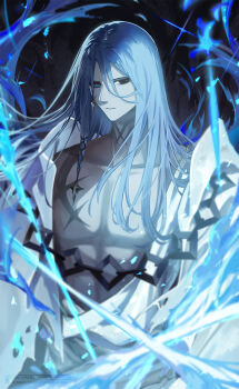 Rule 34 | 1boy, azrael (grand assassin) (fate), bags under eyes, black eyes, blue eyes, blue fire, blue hair, colored skin, commentary request, dark-skinned male, dark skin, facial scar, fate/grand order, fate (series), fire, grey skin, hair between eyes, hair ornament, heterochromia, highres, long hair, looking at viewer, male focus, pectorals, robe, scar, scar on cheek, scar on chest, scar on face, scar on neck, solo, tobi (pixiv41237754), torn clothes, torn robe, upper body