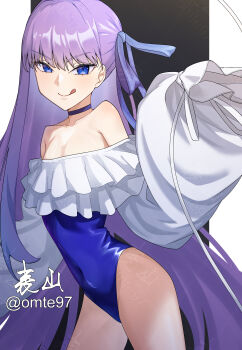 Rule 34 | 1girl, absurdres, bare shoulders, blue eyes, blue ribbon, blush, breasts, choker, collarbone, fate/grand order, fate (series), frills, hair ribbon, highleg, highleg one-piece swimsuit, highres, licking lips, long hair, long sleeves, looking at viewer, meltryllis, meltryllis (fate), meltryllis (swimsuit lancer) (fate), meltryllis (swimsuit lancer) (second ascension) (fate), off-shoulder one-piece swimsuit, off shoulder, omte97, one-piece swimsuit, puffy sleeves, purple hair, ribbon, sleeves past fingers, sleeves past wrists, small breasts, smile, solo, swimsuit, thighs, tongue, tongue out, very long hair, white ribbon