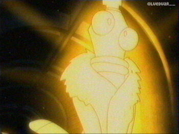 1990s_(style) 1boy chess_piece commentary english_commentary glowing glowing_eyes king_(chess) kinger_(the_amazing_digital_circus) lueduar retro_artstyle scene_reference solo the_amazing_digital_circus twitter_username upper_body vhs_artifacts