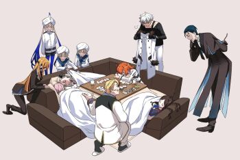 Rule 34 | 5girls, 6+boys, ahoge, arm behind back, black bow, black coat, black gloves, black hair, black jacket, black pants, black shirt, black shoes, black shorts, black slippers, black socks, blanket, blonde hair, blue bow, blue bowtie, blue hair, blue pantyhose, blue sailor collar, bow, bowtie, braid, brown background, brown hair, brown shirt, captain nemo (fate), captain nemo (first ascension) (fate), card, chaldea uniform, closed eyes, closed mouth, clothing cutout, coat, commentary request, covering with blanket, cup, decoponmagi, drink, eyepatch, facial hair, fate/grand order, fate (series), fujimaru ritsuka (female), fur-trimmed jacket, fur trim, glove cutout, gloves, goredolf musik, gradient hair, grey hair, hair between eyes, hair bow, hair slicked back, hand on own chin, hand up, hat feather, highres, holding, holding blanket, holding hands, holding jacket, holding smoking pipe, holding unworn clothes, jacket, kadoc zemlupus, kotatsu, leaning forward, leonardo da vinci (fate), leonardo da vinci (fate/grand order), leonardo da vinci (rider) (fate), leonardo da vinci (rider) (first ascension) (fate), long hair, long sleeves, looking at another, lying, marine nemo (fate), mash kyrielight, mash kyrielight (chaldea uniform), medium hair, multicolored hair, multiple boys, multiple girls, mustache, necktie, nemo (fate), novum chaldea, olga marie animusphere, olga marie animusphere (unbeast), on back, on one knee, on side, one side up, ophelia phamrsolone, orange hair, pants, pantyhose, parted lips, playing card, puff and slash sleeves, puff of air, puffy sleeves, purple hair, red necktie, sailor collar, saucer, sherlock holmes (fate), shirt, shoes, short hair, shorts, simple background, sitting, sleeping, slippers, smile, smoking pipe, socks, squatting, standing, table, turban, twintails, under kotatsu, under table, unworn jacket, white hair, white jacket, white pants, white shirt, white slippers, white turban, yunomi