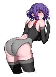 Rule 34 | 1girl, absurdres, ass, black gloves, black thighhighs, blush, breasts, character request, closed mouth, competition swimsuit, copyright request, cropped legs, elbow gloves, enmimontoria, gloves, highres, leaning forward, looking at viewer, looking back, one-piece swimsuit, purple eyes, purple hair, short hair, solo, swimsuit, thighhighs