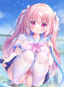 1girl :o blue_sailor_collar blue_skirt blush bra bra_visible_through_clothes brown_footwear cameltoe chiika_(cure_cherish) holding holding_hose hose lace lace-trimmed_bra lace_trim long_hair neckerchief original panties pantyshot pink_eyes pink_hair pink_nails pink_neckerchief pink_panties pleated_skirt sailor_collar school_uniform see-through_clothes serafuku shirt skirt squatting thighhighs twintails underwear water_drop wet wet_clothes white_shirt white_thighhighs