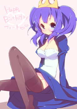1girl blue_eyes blush breasts cleavage crown empoleon female_focus gen_4_pokemon glasses happy_birthday nakamura_sandayo nintendo panties panties_under_pantyhose pantyhose personification pokemon purple_hair simple_background solo thighband_pantyhose translation_request twintails underwear white_background