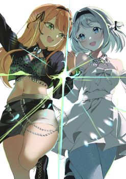 Rule 34 | 2girls, absurdres, bare shoulders, black hairband, blue eyes, blush, braid, commentary, dress, gakuen idolmaster, green eyes, grey hair, hairband, half up braid, highres, holding hands, idolmaster, katsuragi lilja, long hair, long sleeves, looking at another, midriff, mole, mole under eye, multiple girls, navel, open mouth, orange hair, shiun sumika, short hair, shorts, sidelocks, simple background, smile, tigger drawing, white background, white dress