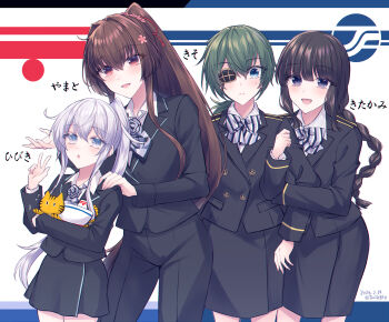 Rule 34 | alternate costume, alternate hairstyle, arm hug, black hair, black jacket, black panties, black skirt, blazer, blue eyes, bow, bowtie, brown hair, cat, character name, commentary request, eyepatch, gloves, green hair, grey eyes, grey hair, hibiki (kancolle), highres, jacket, kabocha torute, kantai collection, kiso (kancolle), kiso kai ni (kancolle), kitakami (kancolle), long hair, low ponytail, neckerchief, panties, pleated skirt, ponytail, red eyes, single glove, skirt, smile, striped bow, striped bowtie, striped clothes, striped neckerchief, travel attendant, underwear, yamato (kancolle)