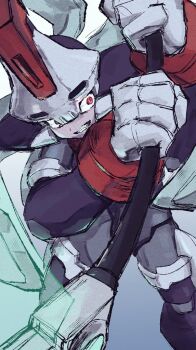 1boy armor blue_hair cowboy_shot energy_blade fins grey_background head_fins helmet holding holding_scythe lemon_inu long_hair male_focus mega_man_(series) mega_man_zx model_w_(mega_man) prometheus_(mega_man) purple_armor purple_helmet red_eyes scythe simple_background skull-shaped_hat smirk solo white_helmet