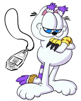 blue_eyes crossed_arms digimon english_text fusion garfield garfield_(character) highres holy_ring looking_at_viewer tailmon what why