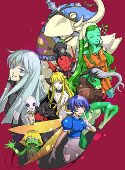 Rule 34 | 1other, 3boys, 4girls, airavata (megami tensei), bare shoulders, blonde hair, blue eyes, blue hair, blue shirt, bodysuit, chain, chain leash, chef hat, closed eyes, colored skin, cunhur (megami tensei), demon, demon (megami tensei), detached carousel horse, devil summoner: soul hackers, devil summoner (series), dress, elephant, facial hair, fairy, fairy wings, frog, gloves, green hair, green skin, hat, headscarf, heqet (megami tensei), hooves, horns, knife, leash, long hair, mane, multiple boys, multiple girls, mustache, nemissa, nimai, nisroc (megami tensei), pale skin, pants, pixie (megami tensei), purple hair, red background, red dress, red eyes, seere (megami tensei), shirt, short hair, silky (megami tensei), simple background, very long hair, white gloves, white pants, wings, zeed (soul hackers)