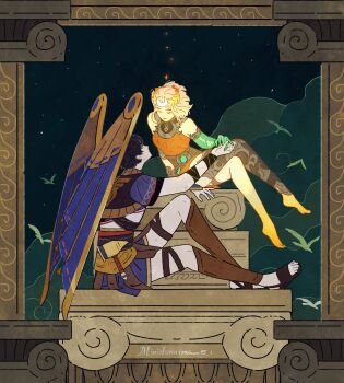 1boy 1girl ancient_greek_clothes artist_name barefoot bird black_hair blonde_hair closed_eyes cloud dress greco-roman_clothes hades_(series) hades_2 highres icarus_(hades) laurel_crown mdawn95 mechanical_wings melinoe_(hades) orange_dress sandals sitting skeletal_arm sky smile star_(sky) starry_sky wings