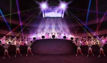 6+girls arms_up black_bow black_bowtie black_shoes black_skirt black_socks bow bowtie collared_shirt colored_skin dancing doll_joints familiar_(madoka_magica) grey_hair highres joints juliet_sleeves klarissa_(madoka_magica) kneehighs long_hair long_sleeves mahou_shoujo_madoka_magica mahou_shoujo_madoka_magica_magia_exedra miniskirt mitakihara_school_uniform multiple_girls puffy_sleeves red_skin school_uniform shirt shoes skirt socks stage stage_lights wavy_hair witch&#039;s_labyrinth yellow_shirt