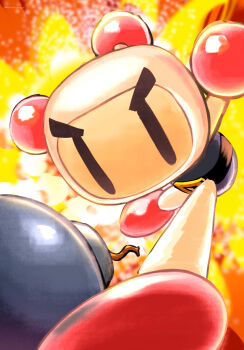 Rule 34 | 1boy, angry, ball hands, belt, black belt, bomb, bomberman, circle hands, dynamic pose, explosion, explosive, furrowed brow, highres, male focus, maribou (supermaribou), no mouth, running, standing, standing on one leg, twitter username, white bomberman, | |