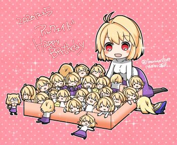 6+girls ahoge angry animal_ears archetype_earth arcueid_brunestud blonde_hair blush box breasts cardboard_box cat_ears cat_girl chibi closed_eyes colored_sclera dress dual_persona english_text happy_birthday hatayanagi_shizuku highres looking_at_another melty_blood mob_face multiple_girls multiple_persona mystic_eyes_of_enchantment neco-arc pantyhose red_arcueid red_eyes red_sclera short_hair smile sweater tsukihime turtleneck turtleneck_sweater white_dress yellow_eyes