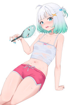 1girl absurdres ahoge blue_eyes blue_nails blush breasts camisole densetsu.exe dolphin_shorts gradient_hair hair_ornament highres looking_at_viewer lunarisbloom mint_fantome mint_fantome_(otaku) multicolored_hair navel open_mouth pink_shorts short_hair shorts small_breasts solo sweat thighs virtual_youtuber white_background white_camisole white_hair x_hair_ornament
