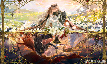 1boy 1girl absurdres armor arrow_(projectile) bare_shoulders black_crown black_gloves black_jacket black_pants black_sleeves blonde_hair blood blood_on_clothes blood_on_flower blood_on_gloves blue_eyes brown_hair bu_gu_gu_gu_yu buttons cape chain closed_eyes closed_mouth cloud cowboy_shot crown double-breasted dress earrings elbow_gloves falling_petals field_of_blades floating_hair flower from_side gloves greatsword greaves hair_between_eyes hand_on_another's_shoulder hetero highres holding holding_arrow holding_hands holding_sword holding_weapon interlocked_fingers jacket jewelry light_rays long_hair long_sleeves looking_at_another love_and_deepspace meadow mountainous_horizon on_ground on_one_knee outdoors pants parted_lips pauldrons petals profile protagonist_(love_and_deepspace) red_cape river shoulder_armor sitting sky split_screen strapless strapless_dress sunbeam sunlight sword tree twilight watermark weapon weibo_watermark white_dress white_flower white_gloves white_petals wind xavier_(love_and_deepspace)