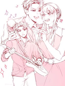 Rule 34 | !?, +++, 1boy, 1girl, absurdres, blush, choker, commentary, dress, eating, food, greyscale, guitar, hair bun, hairband, highres, holding, holding food, holding guitar, holding ice cream, holding instrument, ice cream, ideksams, instrument, monochrome, multiple views, shirt, short hair, sidelocks, sleeveless, sleeveless dress, sparkle, spy x family, symbol-only commentary, twilight (spy x family), twitter username, yor briar