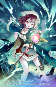 Rule 34 | 1girl, atelier (series), atelier resleriana, brown eyes, brown shoes, bukurote, buttons, commentary request, company name, copyright notice, corset, frills, headscarf, highres, holding, holding weapon, jewelry, long coat, mage staff, magic, open mouth, outstretched arm, pendant, pouch, red hair, red skirt, shoes, short hair, skirt, sleeve cuffs, solo, sophie neuenmuller, staff, weapon, white headscarf, wide sleeves