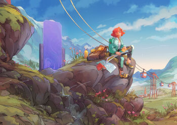 1girl aerial_tram aqua_armor aqua_jacket armor backpack bag black_pants blue_sky boots boulder breasts cable_car cleaning_rag cleaning_sword cloud commentary english_commentary flower gradient_sky grass guest_art highres hill holding holding_rag holding_sword holding_weapon jacket knee_guards landscape looking_afar map medium_hair moss mountain mountainous_horizon no_socks on_rock original outdoors pants path pauldrons pink_flower plain portal_(object) profile red_hair road rock sarah_webb scenery shirt shoulder_armor sitting sky slice_of_life solo stream sword thermos town water waterfall weapon white_shirt yellow_boots
