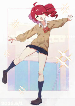 1girl ^_^ absurdres ahoge bare_legs black_skirt blush_stickers bow bowtie brown_shoes brown_sweater closed_eyes commentary dated dot_nose drill_hair fin_gocco fingernails full_body hair_between_eyes happy highres kasane_teto leg_up miniskirt nail_polish open_mouth red_bow red_bowtie red_hair red_nails shoes sidelocks skirt smile socks solo standing standing_on_one_leg sweater teeth thighs twin_drills untranslatable_commentary upper_teeth_only utau wing_collar