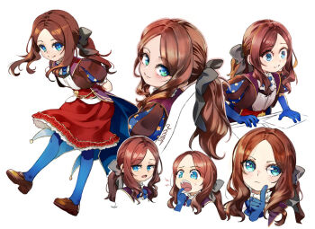 1girl blue_eyes blue_pantyhose brown_hair commentary_request dress fate/grand_order fate_(series) full_body gloves leonardo_da_vinci_(fate) leonardo_da_vinci_(fate/grand_order) leonardo_da_vinci_(rider)_(fate) loafers long_hair looking_at_viewer multiple_expressions multiple_views open_mouth pantyhose parted_bangs ponytail rori_chuushin shoes smile surprised wide-eyed