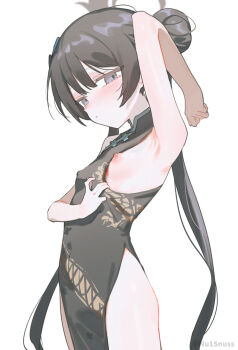 1girl arm_up armpits black_dress black_hair blue_archive blush breasts china_dress chinese_clothes closed_mouth clothes_pull cowboy_shot dot_mouth dragon_print dress dress_pull expressionless grey_eyes grey_halo hair_bun halo highres kisaki_(blue_archive) light_blush loli long_hair looking_at_viewer nipple_slip nipples no_bra nu1snuss one_breast_out pelvic_curtain presenting_armpit print_dress pulling_own_clothes short_dress side_slit simple_background sleeveless sleeveless_dress small_breasts standing sweatdrop turtleneck turtleneck_dress twintails twitter_username very_long_hair white_background