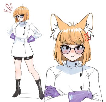 1girl absurdres anger_vein animal_ear_fluff animal_ears bike_shorts black-framed_eyewear black_footwear blonde_hair closed_mouth commentary crossed_arms dexter&#039;s_laboratory dexter_(dexter&#039;s_laboratory) english_commentary full_body genderswap genderswap_(mtf) glasses gloves high_heels highres kumaartsu lab_coat long_sleeves lower_teeth_only medium_hair multiple_views purple_gloves simple_background standing swept_bangs teeth upper_teeth_only white_background